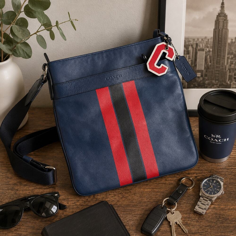 Coach Charles Crossbody Bag Blue Leather Red Stripe Messenger F54781